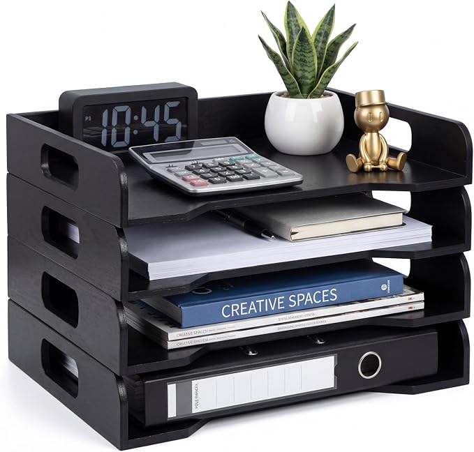 Wooden Stackable Paper Trays 4-tier Wooden Paper Organizer for Desk Letter Documents Woodens Desktop File Organizers for Desktop File Holder and Office Supplies Rack for Home Office Use (Black) by Yinkin