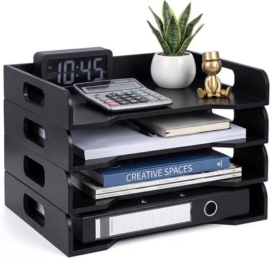 Wooden Stackable Paper Trays 4-tier Wooden Paper Organizer for Desk Letter Documents Woodens Desktop File Organizers for Desktop File Holder and Office Supplies Rack for Home Office Use (Black) by Yinkin