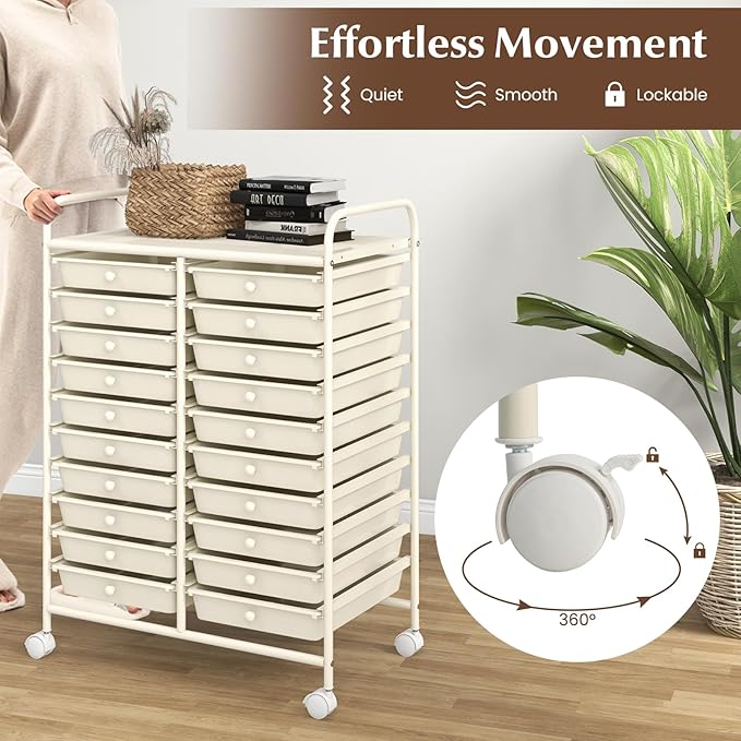GOFLAME 20-Drawer Rolling Storage Cart, Multifunctional Art Craft Organizer, Mobile Utility Storage with Removable Drawers & Lockable Wheels, Craft Cart for Home Office, White - Image 5