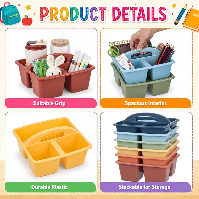 6 Pack 3 Compartment Small Caddy Plastic Classroom Organizer with Handle Portable Teacher Supply Storage Caddy Craft Art Caddies for Pencil, Crayon, Marker, Home, Office, School Supplies(Boho Earthy) - Image 3