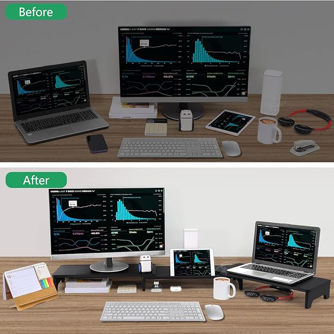 Nnewvante Monitor Stand Riser, 60 inch Bamboo Triple Monitor Stand for Desk | Black, Adjustable Length Angle, 3 Shelves Desktop Screen Riser, For Computer Laptop PC - Image 5