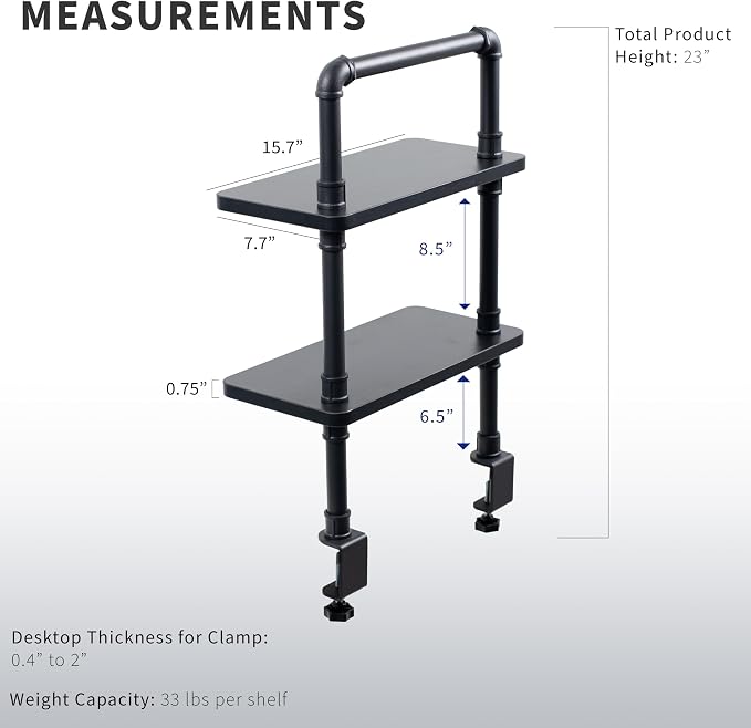 VIVO Clamp-on Premium 16 inch Industrial Pipe 2-Tier Tabletop Shelving, Heavy Duty Desk Extension Organizer, Modern Desktop Display Shelf, Black Shelves, DESK-SHELF16-2B - Image 3