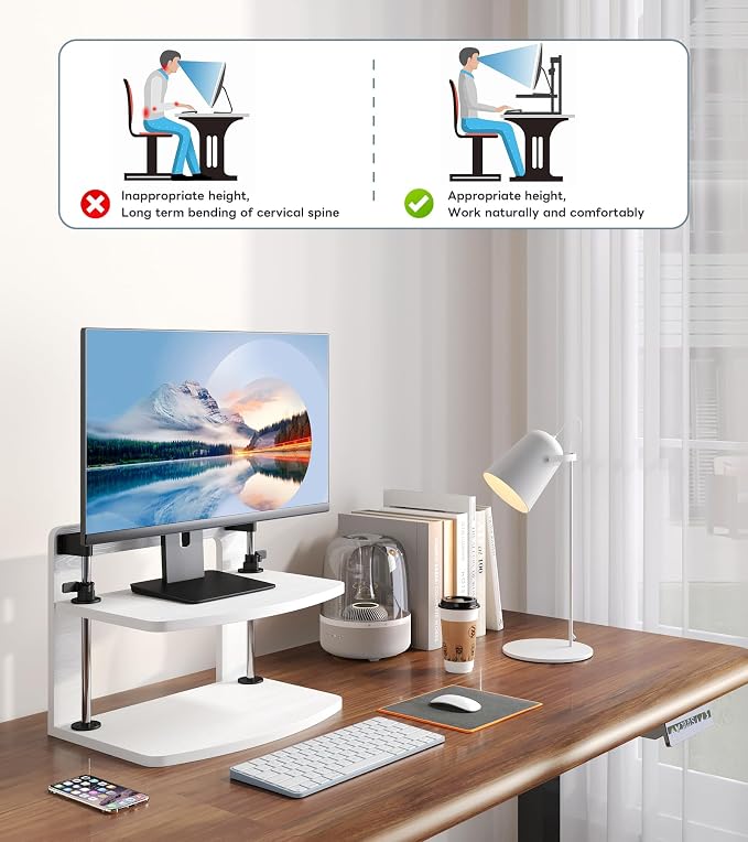 Computer Monitor Stand Riser for Reduced Neck Strain, Adjustable Height Desk Shelf Organizer Monitor Riser Stand for PC Monitor - Not for Laptop - Withe - Wood Grain, MR01-M - Image 3