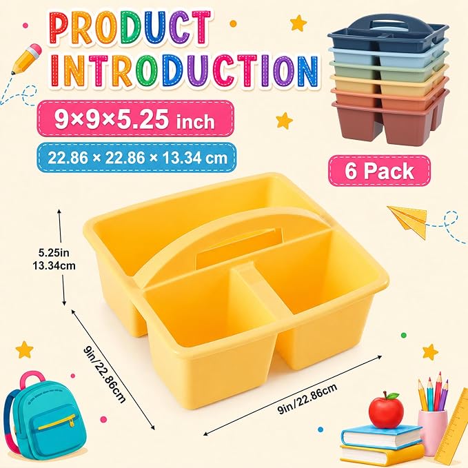 6 Pack 3 Compartment Small Caddy Plastic Classroom Organizer with Handle Portable Teacher Supply Storage Caddy Craft Art Caddies for Pencil, Crayon, Marker, Home, Office, School Supplies(Boho Earthy) - Image 2