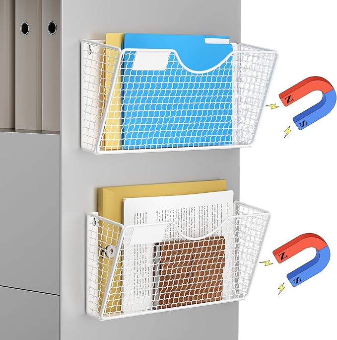 MFTEK Magnetic File Holder, 2 Pockets Wall File Folders Holder No Drilling Magnetic Paper Mail Organizer Magazine Basket, Hanging Storage Rack for Fridge Cabinets Office Classroom(White) by MFTEK