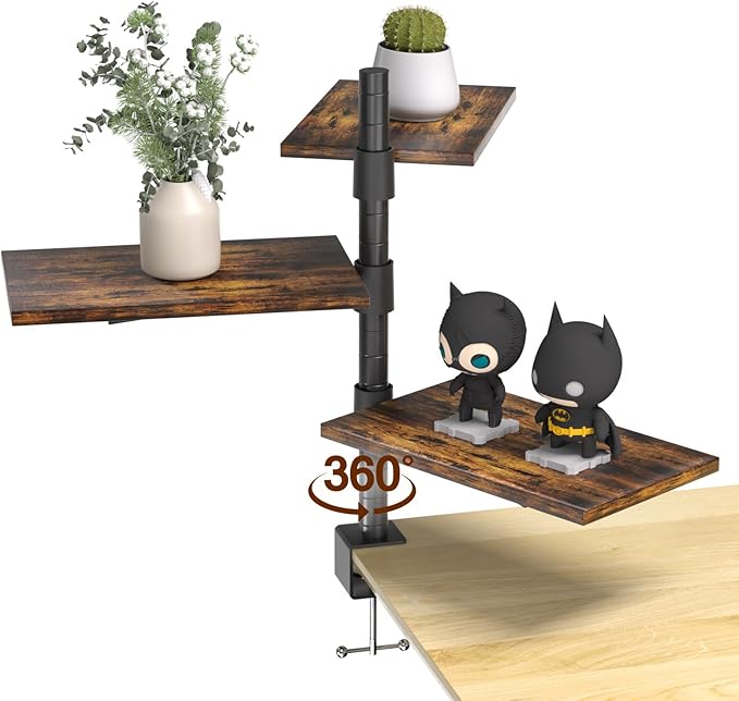 3 Tier Clamp On Desk Shelf - Over Or Under Table Clamp Shelf,360° Rotatable Desk Storage for Home Office, Gaming Devices,Storage Tray,and More, Rustic Vintage Brown Desktop Shelves by Unknown