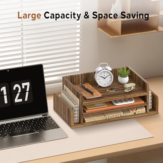 Wooden Desk Organizer, 3-Tier Paper Trays with 2 Mail Sorters, Dark Brown | Fully assembled with open shelves and side slots for sorting files, folder, letter, bill, magazine, notebook - Image 7