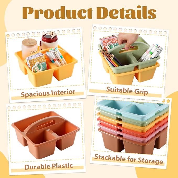 6 Pack 3 Compartment Small Caddy Plastic Classroom Organizer with Handle Portable Teacher Supply Storage Caddy Craft Art Caddies for Pencil, Crayon, Marker, Home, Office, School Supplies(Boho) - Image 3
