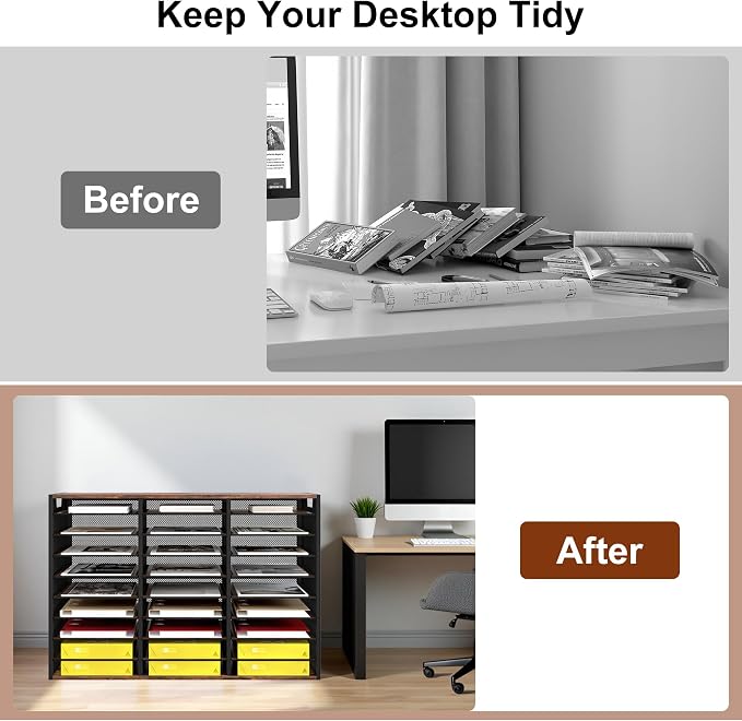TQVAI 27 Compartments Desktop Literature Organizer, Metal Frame Paper Sorter with Handles, Heavy Duty Mailbox for Classroom and Office, Wood File Organizer for Document, Bill, Magazine, Antique Brown - Image 7