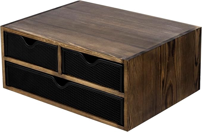 MyGift Rustic Burnt Brown Solid Wood Desktop Organizer Box with 3 Removable Black Metal Mesh Trays, Office Desk Supplies Storage Drawers for Accessories - Image 7