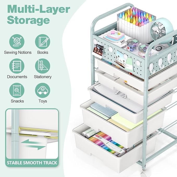 5 Drawer Rolling Storage Cart with Pegboard Top and Hooks, Green | Mobile Utility Organizer with Wheels for Office Supplies, Craft Storage, Classroom Organization, Home Storage Cart - Image 3