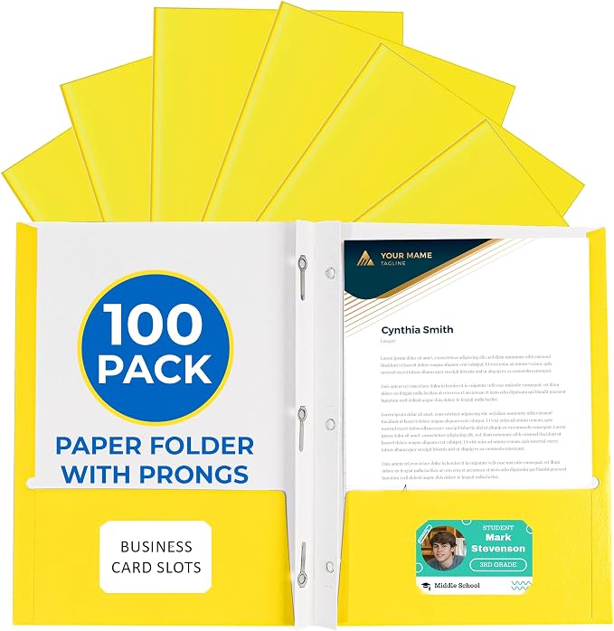 100 Pack Yellow 2 Pocket Paper Folders. EPI Heavy Duty, Bulk Folders with Pockets, Prongs and Business Card Slots. Letter Size Document Organizers. Durable Portfolio for School, College, Office Files by EPI