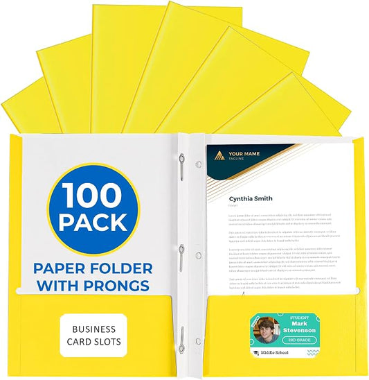 100 Pack Yellow 2 Pocket Paper Folders. EPI Heavy Duty, Bulk Folders with Pockets, Prongs and Business Card Slots. Letter Size Document Organizers. Durable Portfolio for School, College, Office Files by EPI
