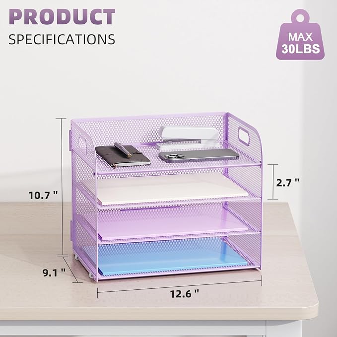 Marbrasse 2 Pack 4 Tier Paper Organizer Letter Tray - Mesh Desk File Organizer with Handle, Paper Sorter Organizer for Letter/A4 Office File Folder Holder (Purple, 12.6" x 9.1" x 10.7") - Image 3