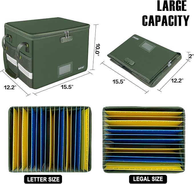 ENGPOW File Box with Lock, Fireproof Document Box with Pockets, Collapsible File Organizer Filing Storage Cabinet with Handle, Portable Home Office Safe for Hanging Letter/Legal Folders,Green,2 Pack - Image 5