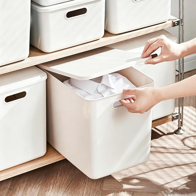 Ytteve 6 Pack White Plastic Storage Bins with Handles, Durable Organizer - 4 L (11.8"x8"x9.8") & 2 M (11.8"x8"x4.7"), Multi-size Storage Containers for Home, Closet, Shelves, Drawers, Office - Image 6