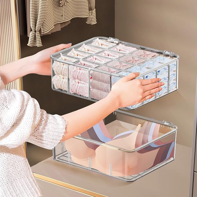 2pcs Sock Underwear Organizer, Sunoyar 16 Compartment Adjustable Dividers Tie Bras Socks Underwear Drawer Organizers for Closet, Clear Plastic Storage Containers Box with Lids for Ties Bra Scarf Socks - Image 2