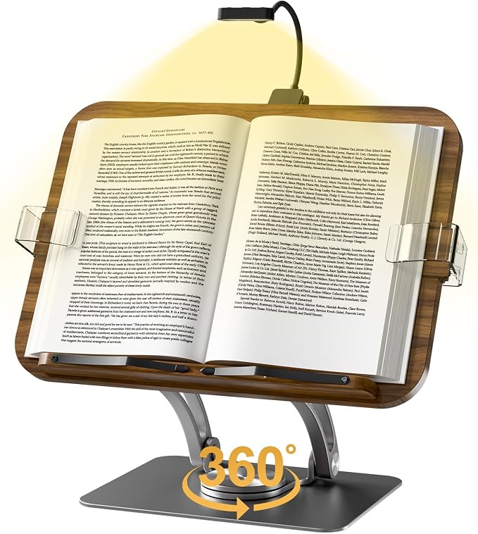 Book Stand for Reading,Adjustable Book Stand with Light,360° Rotating Metal Base,Foldable Cookbook Stand,Reading Hands Free with Page Clips for Recipe,Textbook,Cookbook（3CCT & CRI 90） by Unknown
