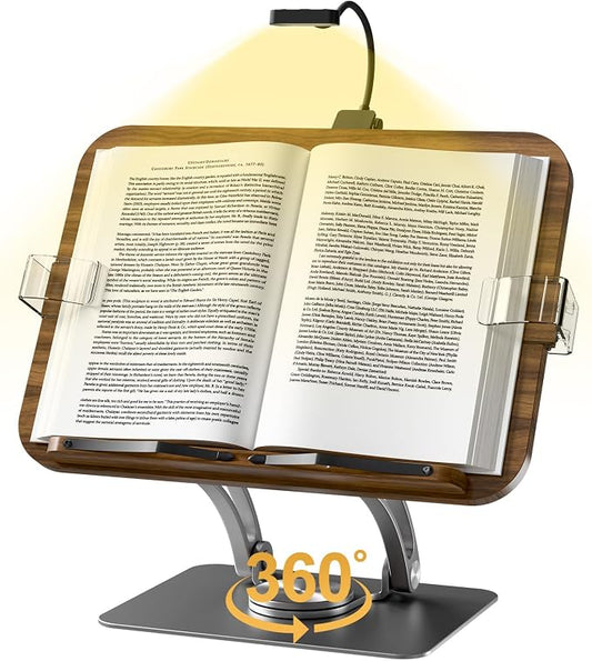 Book Stand for Reading,Adjustable Book Stand with Light,360° Rotating Metal Base,Foldable Cookbook Stand,Reading Hands Free with Page Clips for Recipe,Textbook,Cookbook（3CCT & CRI 90） by Unknown