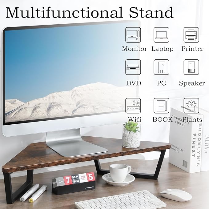 TEAMIX 26 inch Corner Monitor Stand Riser with Keyboard Storage, Espresso | Triangle Monitor Stand, Wood & Metal Computer Stand, Laptop Riser, Desktop Organizer, for L Shaped Desk, Home Office & Gaming - Image 6