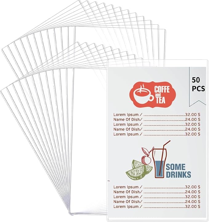50 Pcs 8.5" x 14" Menu Cover Double-Sided Clear Vinyl Menu Holder Rigid Print Protectors Heavy Duty Paper Sleeves Hard Plastic Poster Protector Sleeve for Page Sheet (8.5" x 14") by Unknown