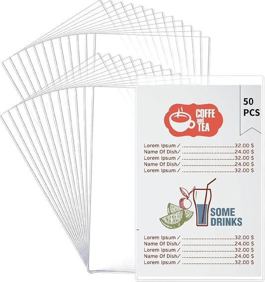 50 Pcs 8.5" x 14" Menu Cover Double-Sided Clear Vinyl Menu Holder Rigid Print Protectors Heavy Duty Paper Sleeves Hard Plastic Poster Protector Sleeve for Page Sheet (8.5" x 14") by Unknown