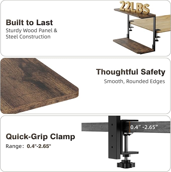 2-Tier Desk Extender, 22-inch Clamp-On Desk Shelf, Height-Adjustable Desktop Shelf Organizer for Monitors Office and Gaming Accessories, Arm Support Table Extension, Dark Brown - Image 5