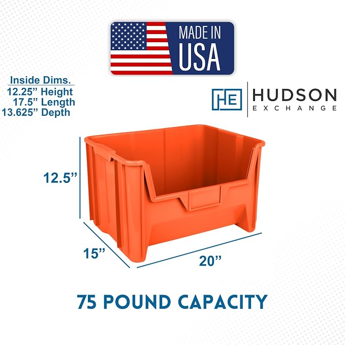 HE HUDSON EXCHANGE 20" x 15" x 12.5" (3 Pack) Plastic Giant Stackable Hopper Bin, Orange - Image 2