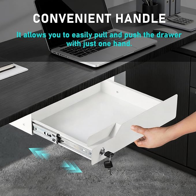 Under Desk Drawer Storage with Lock, Metal Undermount Table Drawer, Ball Bearing Slides Out Tray Organizer for Paper, Pencil, and Laptop 16"x11.8"x3.6", White - Image 8