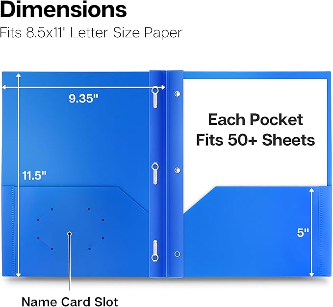 Dunwell Plastic 2-Pocket Folders with 3 Prongs, Assorted, 24 Pack | Bulk Tear-Resistant Acid-Free Poly, 3-Clasp Folders with Fasteners, Includes Labels - Image 3