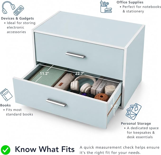 Homes: Inside + Out Apexa 2-Drawer Wooden Stackable Storage Drawers, Small Food Pantry Cabinet, Cajonera De Madera, Underbed Drawer Dorm Teen Room Decor & Bedroom, Home Office, Kitchen, Light Blue - Image 4