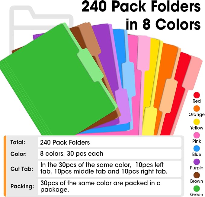 240 Pack Colored File Folders, 1/3 Cut Tab File Folders Letter Size 8.5 x 11 Inch, Assorted 8 Colors Filing Folder for Office School Business - Image 5