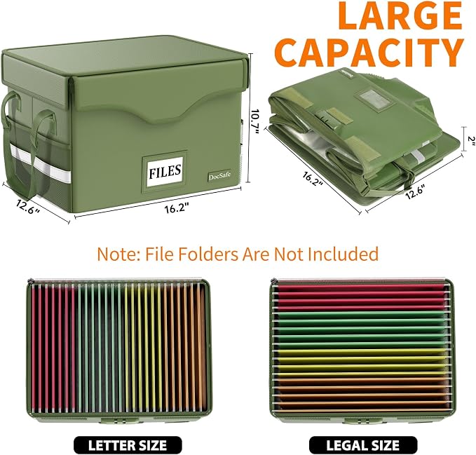 DocSafe 5200°F Fireproof Document Box with Lock,Heat Insulated File Organizer Storage with Pockets,Collapsible Portable Home Office File Safe Box with Handle for Hanging Letter/Legal Folders, Green - Image 8