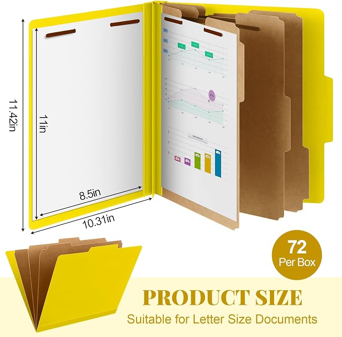 Skyygemm 72 Pcs Classification Folder Letter Size, 3 Divider File,Yellow | Back to School Supplies, Pressboard File with Fastener, Expanding Organizer Bulk for School Teacher, Office Employee, Staff - Image 2
