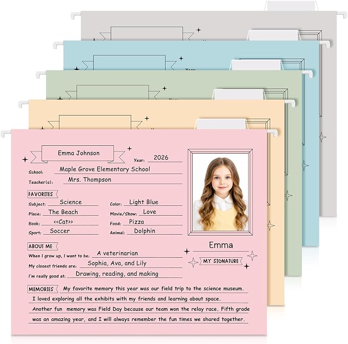 Glenmal 25 Pack School Years Memory File Folders Memory Pages Letter Hanging Files School Keepsake Organizer Questionnaire for Kids K-12 Student Info Record Personal Growth Tracking(Pastel) by Glenmal