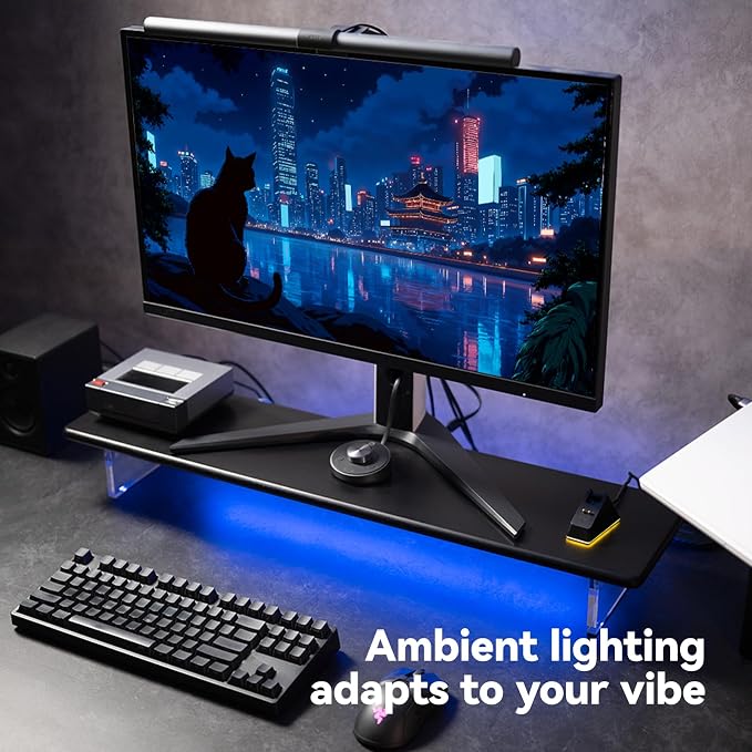 Bamboo Monitor Stand, Desk Shelf with Acrylic Legs and RGB Lights | 31.5-Inch Wide, 3.3-Inch Clearance, Fits Monitor, Laptop, Printer and Speakers for Small Desks - Image 3