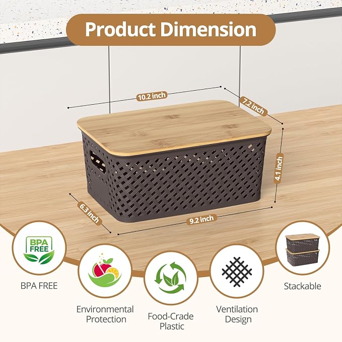 Plastic Storage Bins with Bamboo Lids, Stackable Small Box Baskets for Organizing and Containers for Shelves Drawers Desktop Closet Pantry Classroom Office Home, 6 Pack 10.2x7.2x4.1 Inch, Brown - Image 2