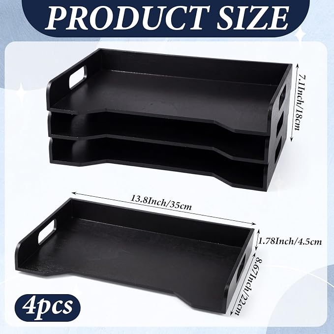 Wooden Stackable Paper Trays 4-tier Wooden Paper Organizer for Desk Letter Documents Woodens Desktop File Organizers for Desktop File Holder and Office Supplies Rack for Home Office Use (Black) - Image 2