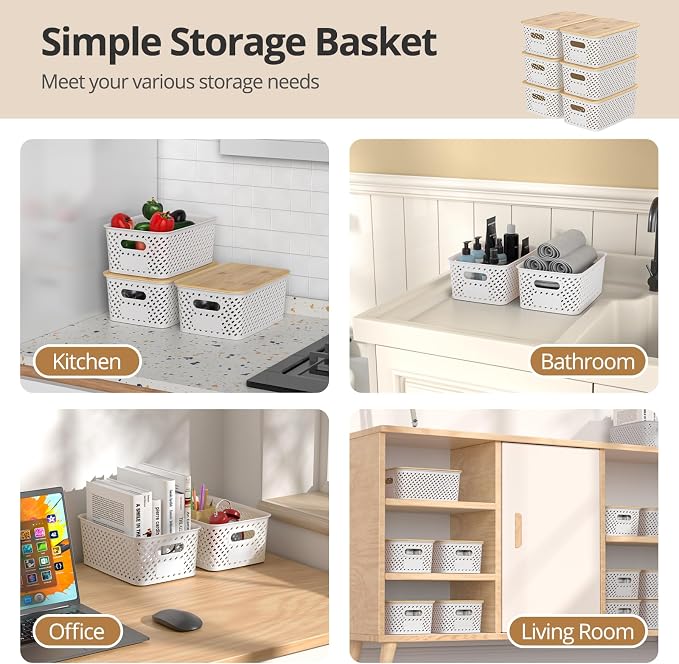 Plastic Storage Bins with Bamboo Lids, Stackable Small Box Baskets for Organizing and Containers for Shelves Drawers Desktop Closet Pantry Classroom Office Home, 6 Pack 10.2x7.2x4.1 Inch, White - Image 4