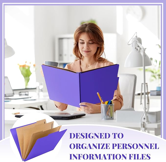 Skyygemm 12 Pcs Classification Folders 3 Pocket Dividers Letter Size Employee File Folder with 2 Prong Fasteners 2 in Expansion Pressboard Medical Document Organizers Bulk for School Office(Purple) - Image 5