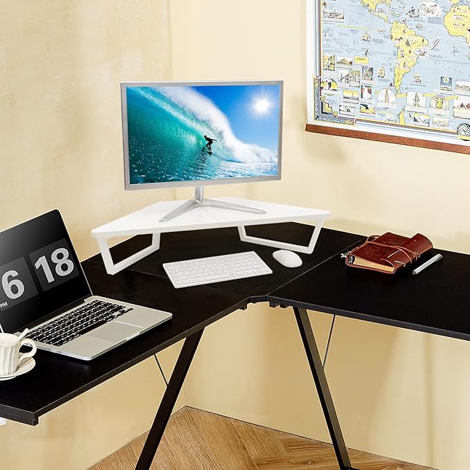 TEAMIX 26 inch White Triangle Monitor Stand Riser, Desktop Corner Shelf with Metal Leg Wood Computer Stand with Storage Laptop Riser Office Organization | Triangle Monitor Stand, Wood & Metal Computer Stand, Laptop Riser, Desktop Organizer, for L Shape... - Image 6