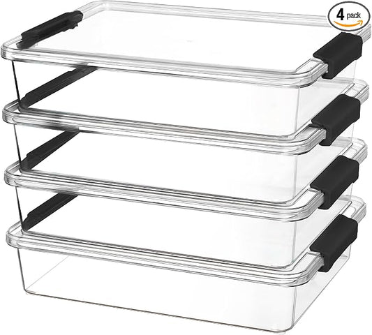 Vtopmart 4 Pack 6 Qt Plastic Storage Bins with Lids, Sensory Bins, Black | Stackable Clear Containers for Organizing School & Office Supplies, Arts & Crafts Organizers and Storage for Home, Craft Room by Vtopmart