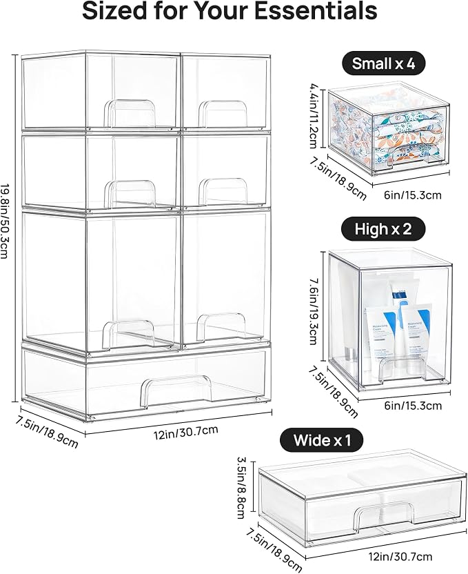 Vtopmart Stackable Storage Drawers Set of 7, Clear Plastic Organizer Bins for Baby Bottle, Beauty Supplies Storage, Ideal for Kichen Countertop, Vanity, Bathroom, Cabinet, Pantry Organization - Image 3
