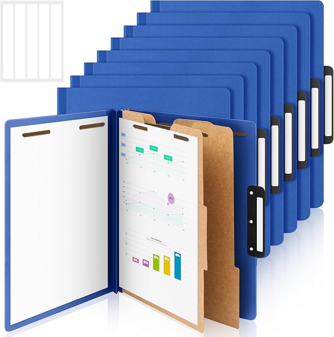 Henoyso 12 Pcs Letter Size Classification Folders 2 Divider, 1/3-cut Metal Tab, File Folder with 3'' Expansion, 2 Prong Fastener, 60 Labels, Heavy Duty File Folder for Office School Medical by Henoyso