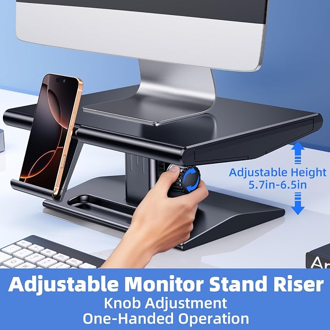 Ergonomic Height Adjustable Monitor Stand Riser,with Hidden Drawer | Knob Height Adjustment, Desktop Organizer for Home & Office Workspace, with Phone Holder & Pen Slot - Image 2