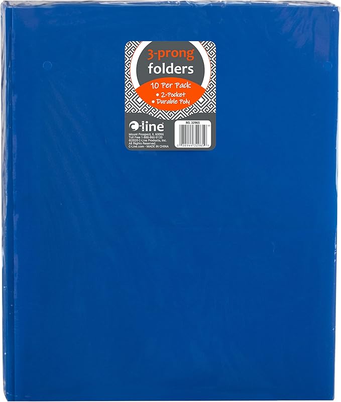 C-Line Two-Pocket Heavyweight Poly Portfolio with Prongs, for Letter Size Papers, Includes Business Card Slot, Blue, 10 Pack (32965) - Image 2