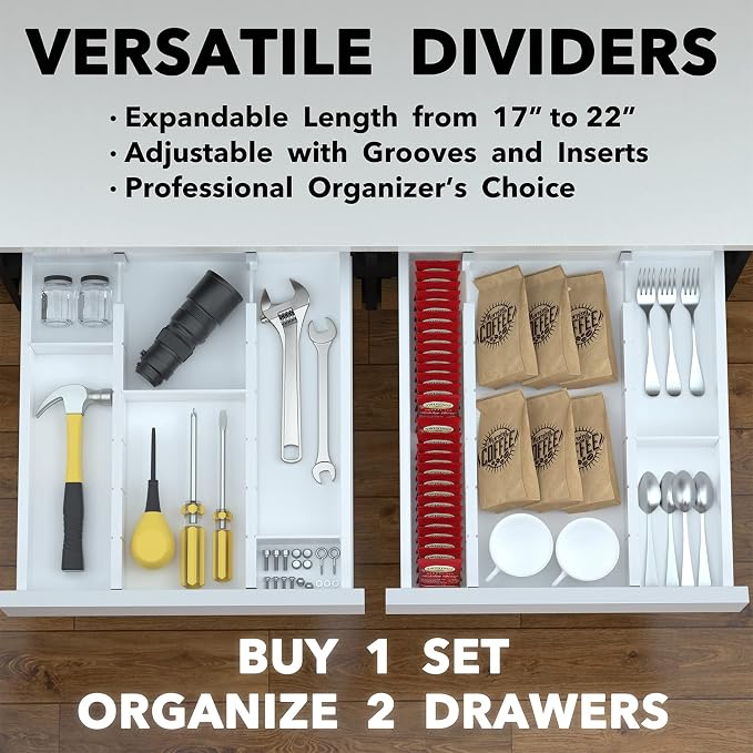 SpaceAid Bamboo Drawer Dividers with Inserts and Labels, Kitchen Adjustable Drawer Organizers, Expandable Organization for Home, Office, Dressers, 4 Dividers with 9 Inserts (17"-22" White) - Image 5