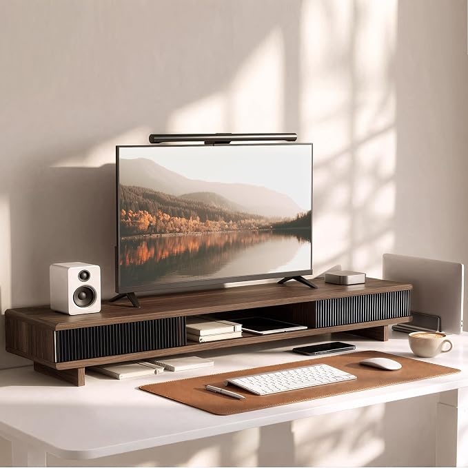 Dual Monitor Stand Riser with Storage Drawer for Desk Organization | Fits Dual 32" Monitors, Walnut Finish, Hidden Storage, Ergonomic Height, Holds 110lbs, No Flex, Quick Setup by Unknown