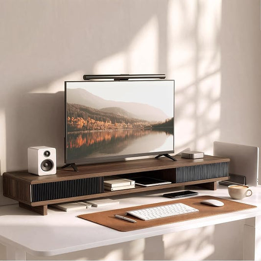 Dual Monitor Stand Riser with Storage Drawer for Desk Organization | Fits Dual 32" Monitors, Walnut Finish, Hidden Storage, Ergonomic Height, Holds 110lbs, No Flex, Quick Setup by Unknown