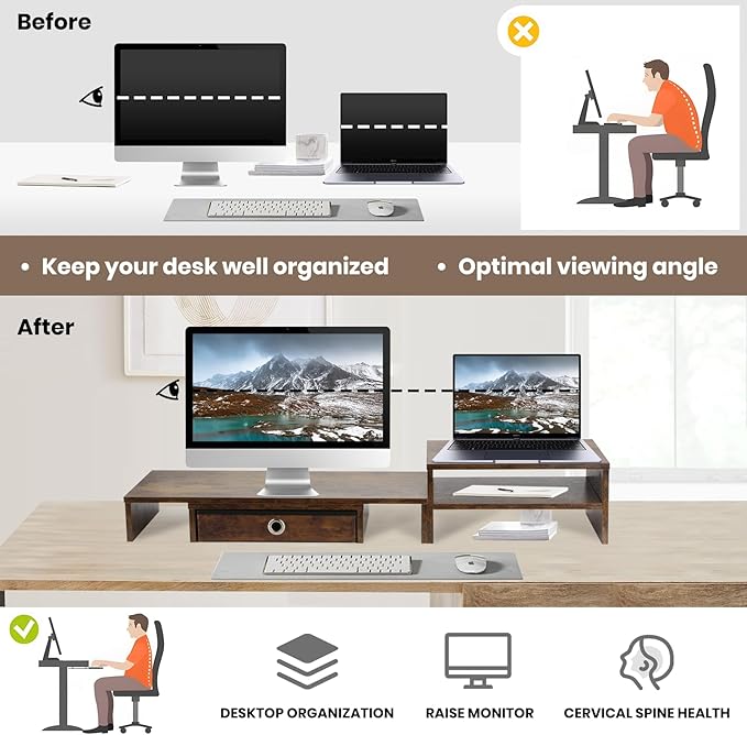 Monitor Riser for 3 Monitors, Angle Adjustable Monitor Stand with Drawer | Dual Monitor Stand for Desk, Dual Monitor Stand with Storage, Wooden Extra Long Triple Monitor Riser up to 52", Rustic Brown - Image 6
